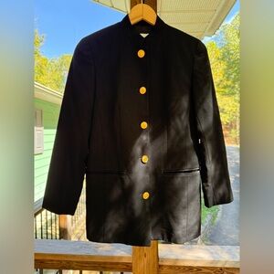 VTG Liz Claiborne 100% Wool Black Blazer Gold Crest Buttons Military Utility